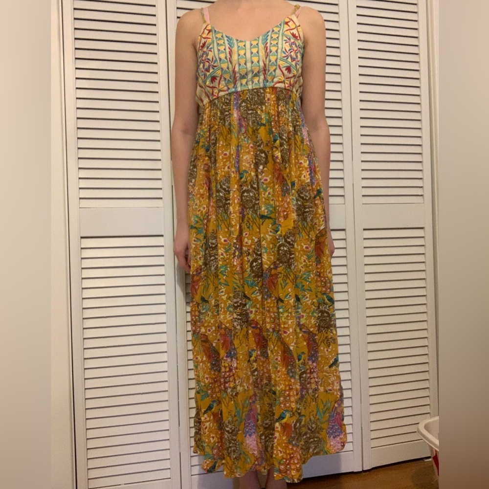 Anthropologie Gold Pleated Tiered Maxi Sundress